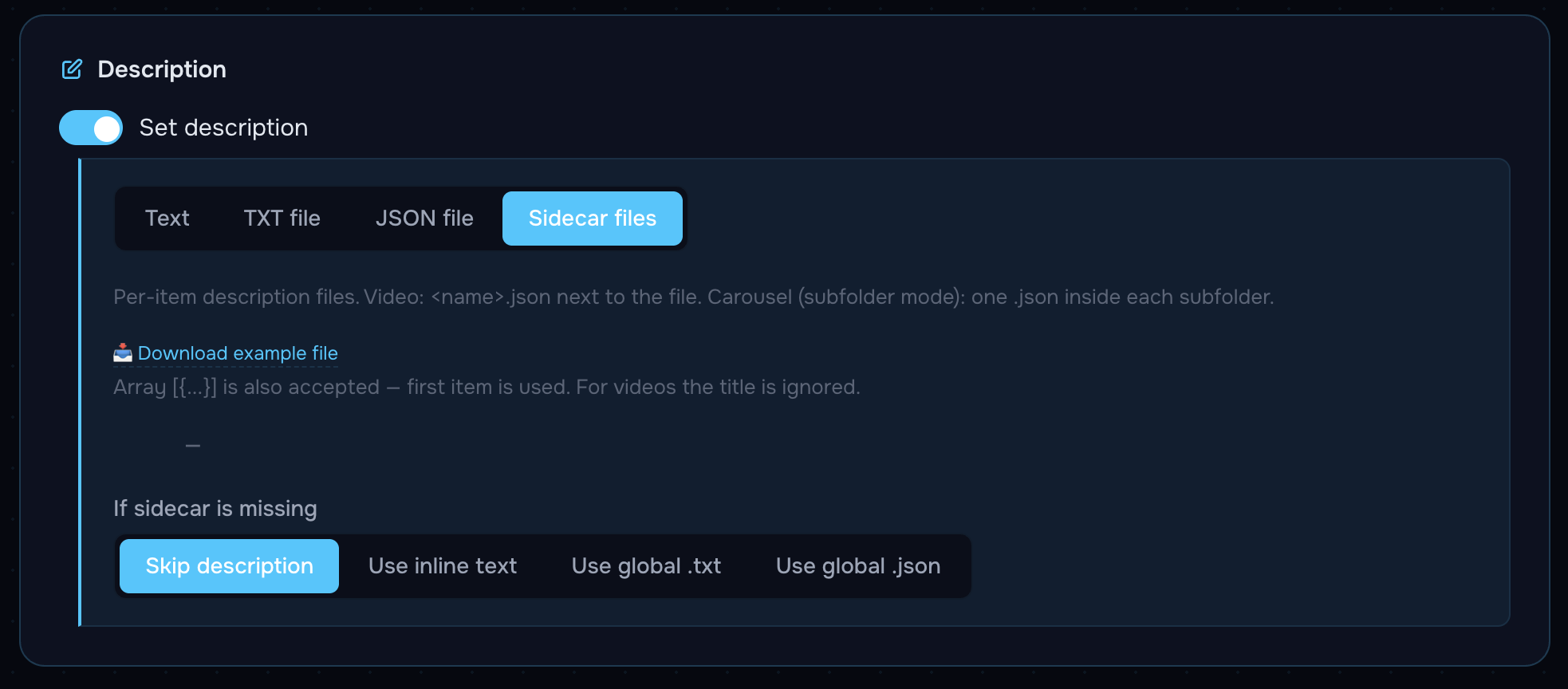 Sidecar files mode: explanation, Download example link and fallback toggle